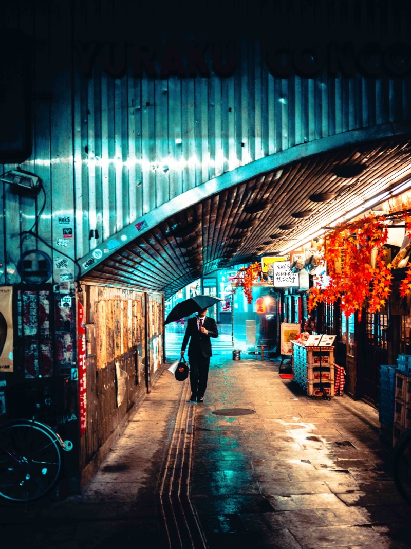  neon light, rain, umbrella, men, night, hidden face, hidden, street, urban Scene, illuminated, built Structure, famous Place, bridge, 5K, walking