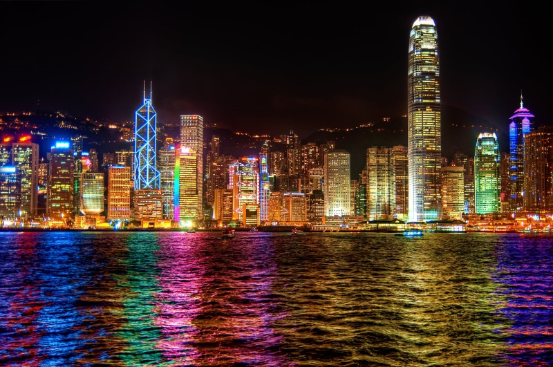 travel destinations, hong, kong, city, office building exterior, 2K, skyscraper, colorful, nightlife, building exterior, night, luxury, sky, waterfront