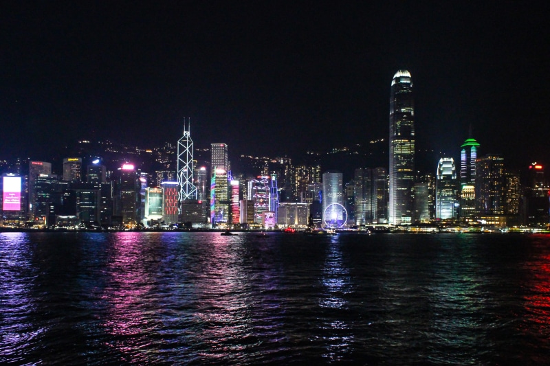 illuminated, bay, night, asia, victoria harbor, urban skyline, building exterior, harbor, water, sky, office building exterior, skyscraper, city, modern