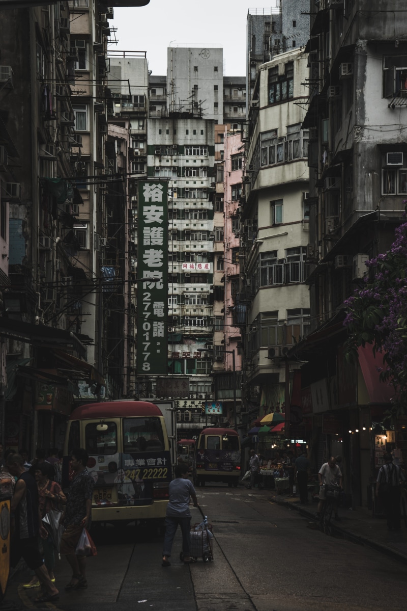 outdoors, mode of transportation, office building exterior, travel, street, architecture, hong kong, kowloon, 5K, building exterior, communication, skyscraper
