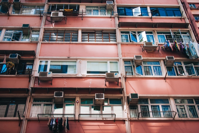 kowloon, urban, building exterior, hk, reflection, urban living, air conditioner, no people, civic, angle, building, window, day, street, small living space
