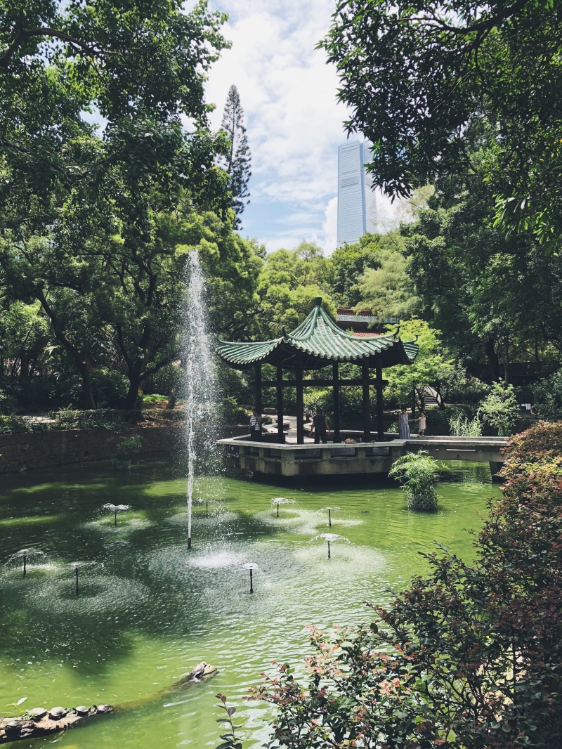 relaxing, leafed, motion, temple, animal, hong kong, built structure, day, sky, lake, waterfall, arbour, green, nature, park, human, fountain, water, plant