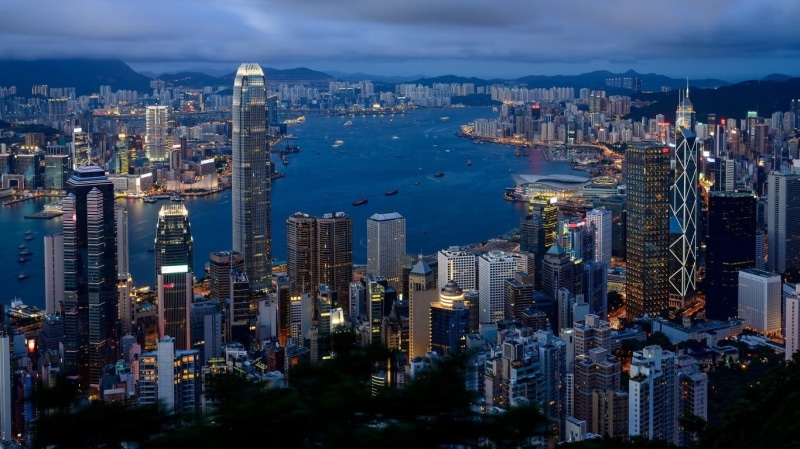 city, outdoors, lights, landscape, architecture, office building exterior, no people, financial district, modern, building exterior, water, Hong Kong, buildings
