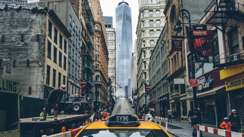 office building exterior, city street, day, building, architecture, outdoors, sign, 1080P, building exterior, One World Trade Center, yellow taxi, city life