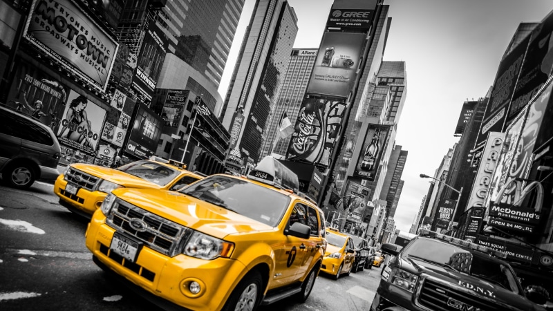 architecture, newyork, street, New York City, building exterior, yellow, city, sedan, road, advertisement, car, photo, 4K, land vehicle, selective, taxi