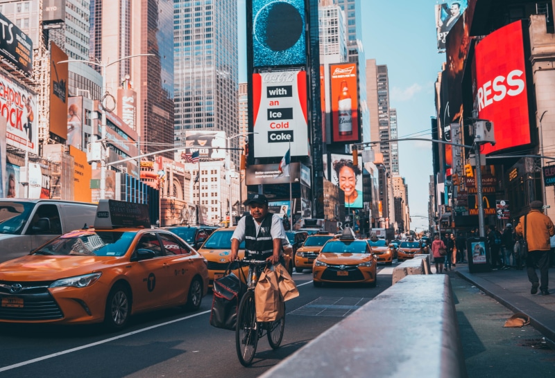 new, outdoors, mode of transportation, city life, lifestyles, 5K, land vehicle, group of people, square, New York City, street, transportation, Times Square