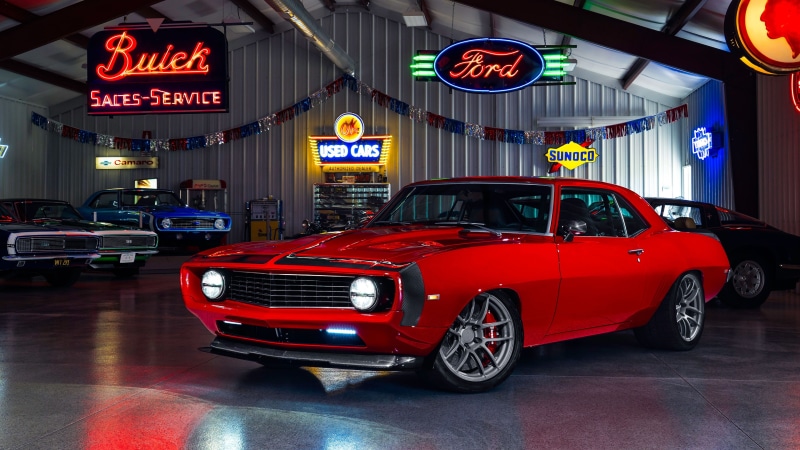 red car, muscle car, 4K, classic car, garage