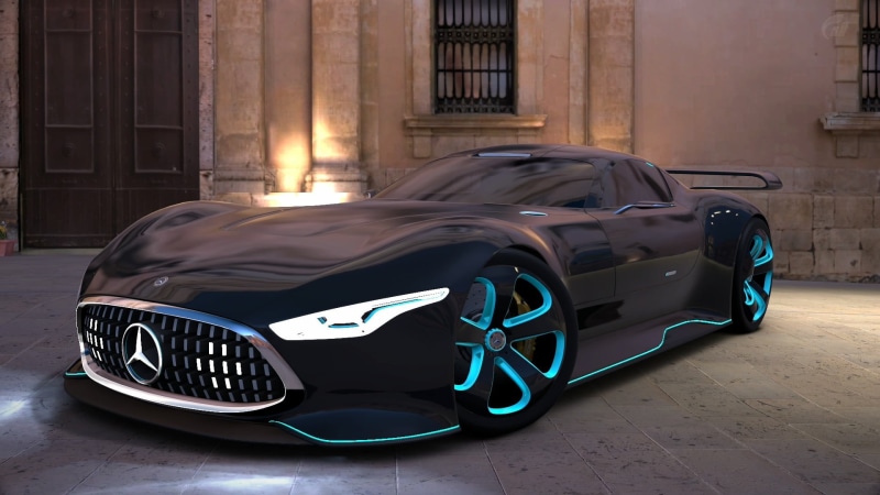 focus on foreground, luxury, built structure, mercedes, 1080P, car, outdoors, land vehicle, city, cyan, illuminated, sunlight, garage, retro styled, building