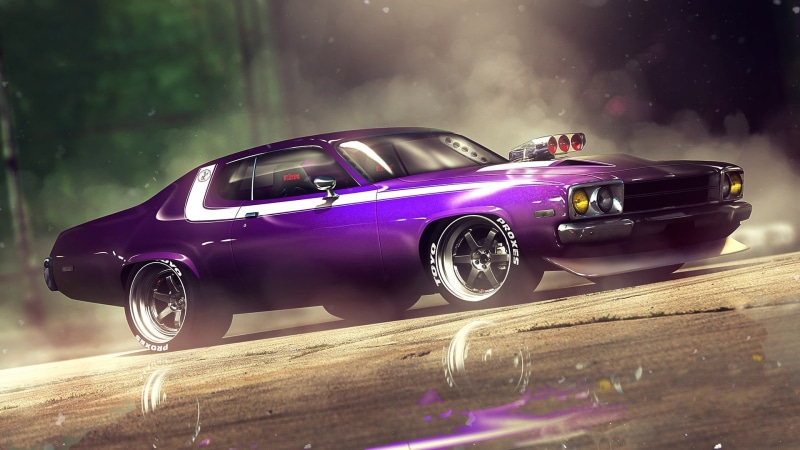 transportation, shiny, muscle car, motor vehicle, land vehicle, no people, classic car, silver colored, purple car, motion, focus on foreground, plymouth road runner
