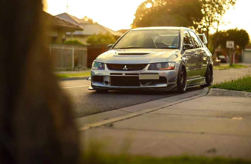 sports, Evo IX, gray, 1080P, Ligth, sedan, sun, car, grass, Evolution 9, mistubishi, lancer, stance, Mitsubishi, evolution, front