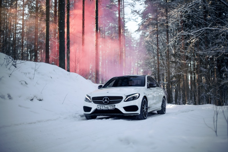fog, cold temperature, city, no people, AMG, 5K, land, evil empere, day, mercedes c450 amg, Russia, saint-petersburg, smoke bomb, sport cars, winter, red smoke