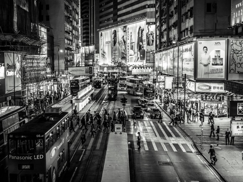 built structure, illuminated, cityscape, car, 480P, group of people, architecture, photography, city life, transportation, Hong Kong, monochrome, motor vehicle