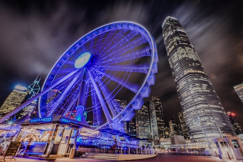 time lapse photography, travel Destinations, long exposure, IFC, skyscraper, famous Place, 35mm, ferris Wheel, kong, urban Skyline, wheel, F4, OSS, cityscape