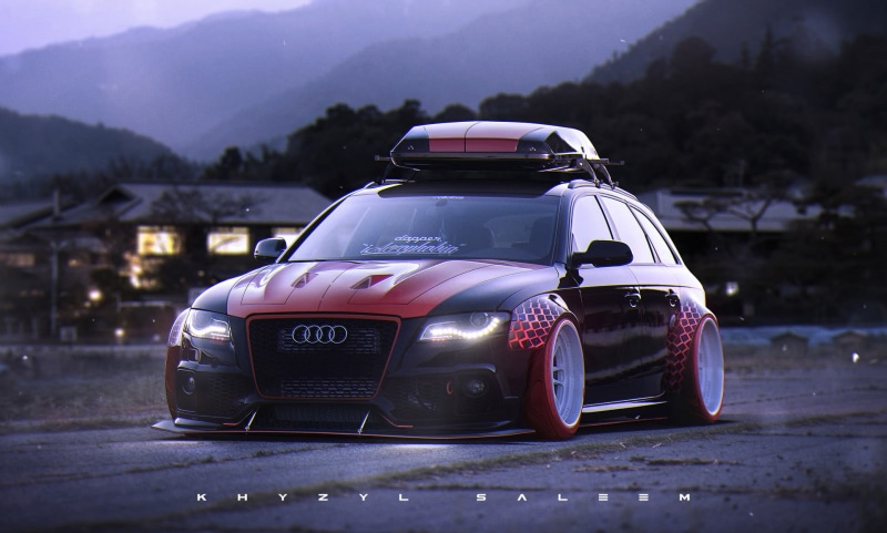 focus on foreground, no people, city, audi, vintage car, mode of transportation, sedan, land vehicle, artwork, red, retro styled, car, Khyzyl Saleem, Audi RS4 Avant