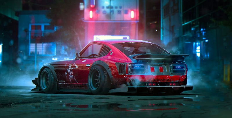 street, city, Skilenton, accidents and disasters, road, architecture, 280Z, Dutsun, Red, land vehicle, by Khyzyl Saleem, wet, city street, Tuning, mode of transportation
