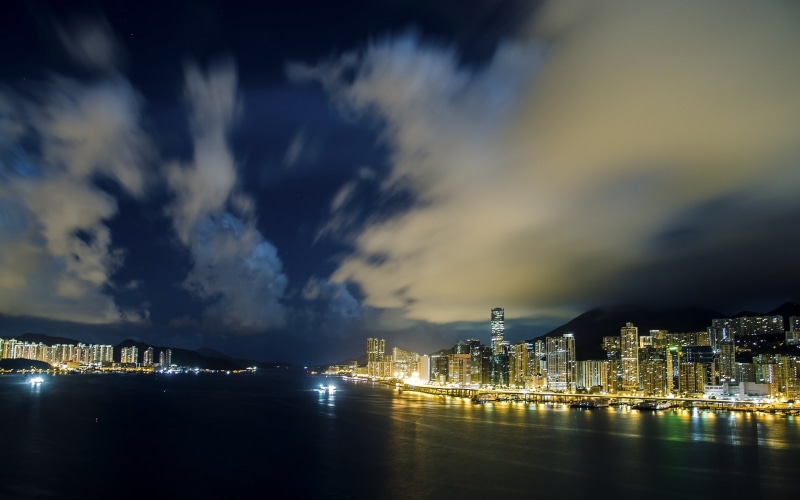 sky, illuminated, city, water, skyscraper, clouds, river, built structure, Hong Kong, waterfront, nature, reflection, office building exterior, photography