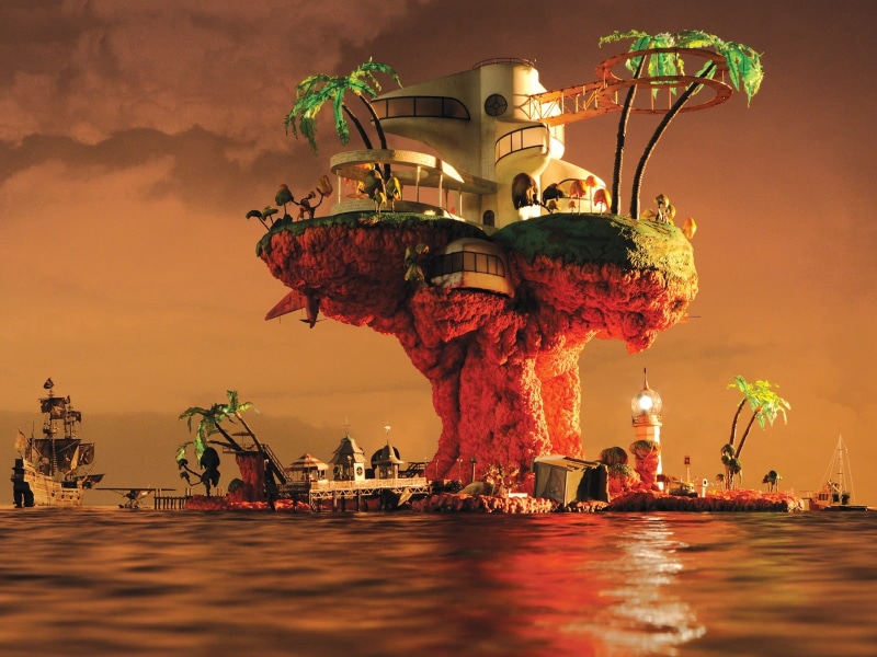 sky, reflection, album covers, travel, travel destinations, nautical vessel, tree, night, illuminated, Gorillaz, Jamie Hewlett, water, 720P, nature, holiday