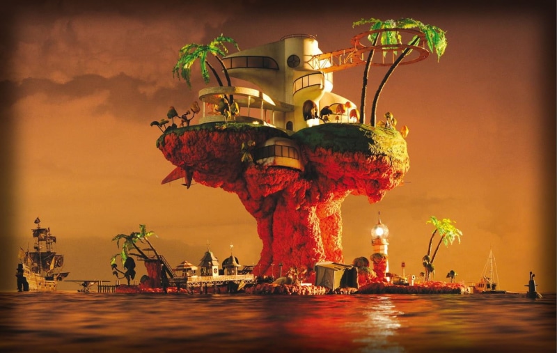 sea, night, outdoors, Jamie Hewlett, real people, illuminated, 720P, waterfront, celebration, sky, water, group of people, representation, incidental people