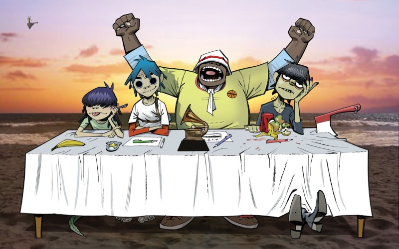 two, celebration, water, snowboard, bindings, representation, beach, cloud - sky, sea, real people, sunset, land, Gorillaz, Noodle, outdoors, blue, table
