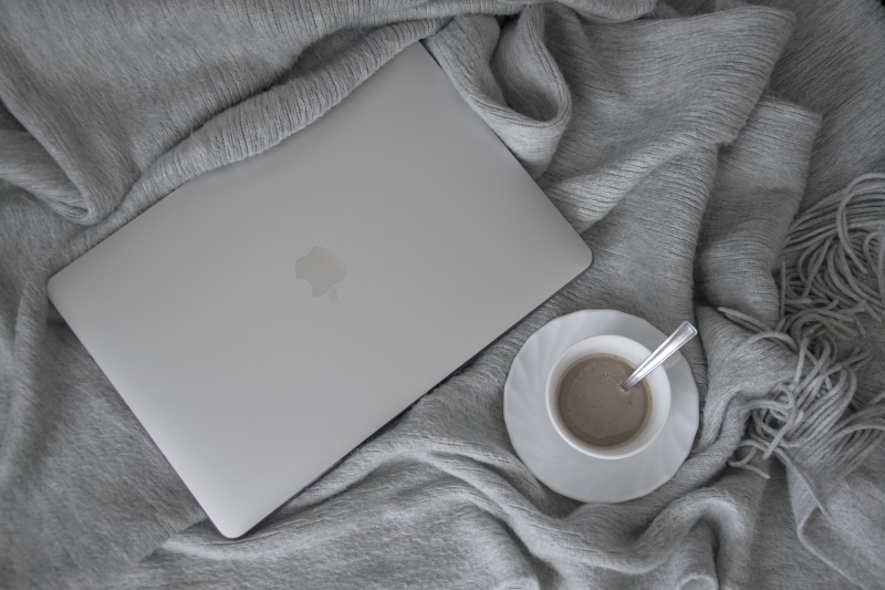 laptop, human body part, aesthetic, cup, still life, macbook, drink, hot drink, mug, food, tea cup, 5K, close-up, apple, coffee cup, minimum, crockery