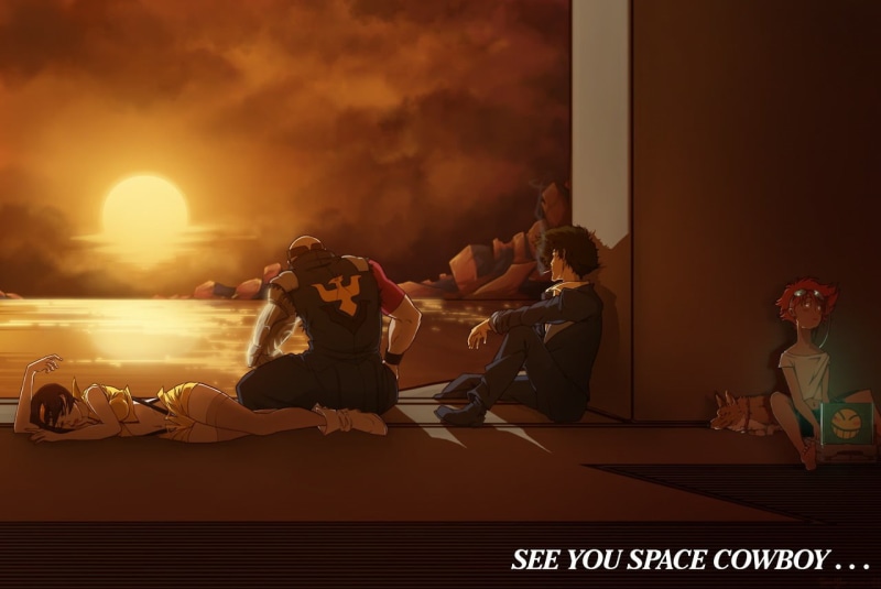 adult, females, lifestyles, young women, group of people, Cowboy Bebop, people, males, togetherness, men, anime, women, dark, young men, sitting, sunset