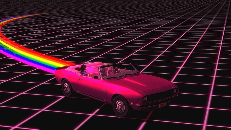 Rainbow, Retro Wave, Vaporwave, Artistic, Pink, Car, 1080P