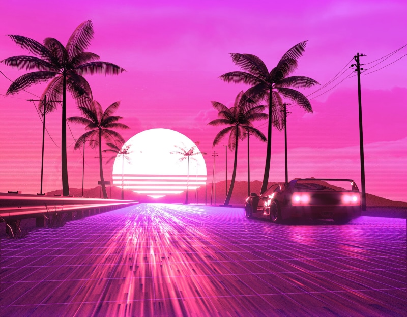 Digital Art, 2K, Car, Pink, Artistic, Retro Wave, Palm Tree, Sun