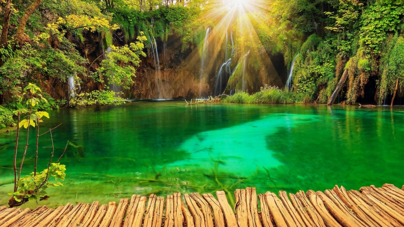 waterfall, nature reserve, europe, trees, sunray, 4K, croatia, body of water, sunshine, landscape, water, lake, sun, green, plitvice lakes national park