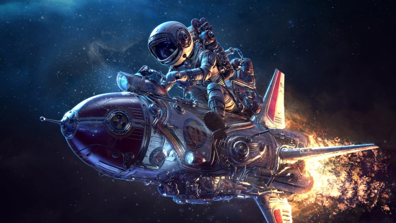 science fiction, 2K, spaceship, 3d, Retrofuturism, astronaut