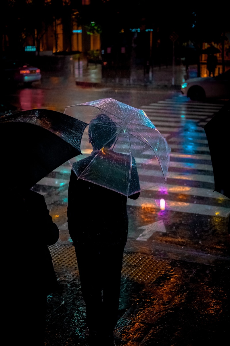 built structure, yeouido, seoul night, asian, umbrella, one person, rainy day, seoul city, rear view, 여의도, man, transportation, neon, building exterior