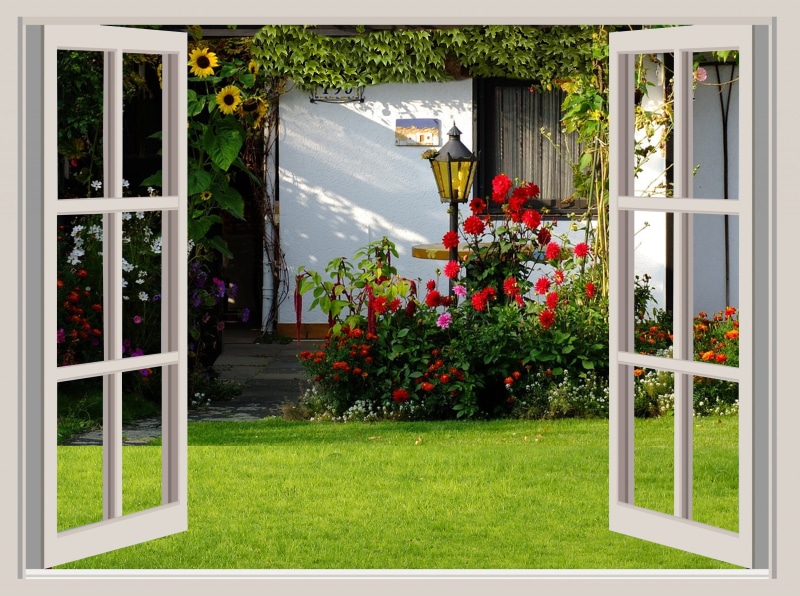 white window, white window frame, grass, window frames, windows, beauty in nature, cottage, lawn, open, architecture, entrance, two, window, outdoors, autumn