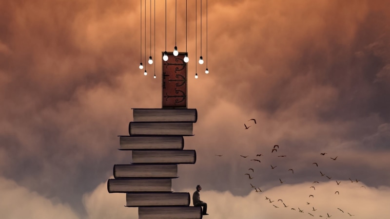 flock of birds, stair, building exterior, cloud - sky, painting, animals in the wild, large group of animals, lightbulb, digital art, office building exterior