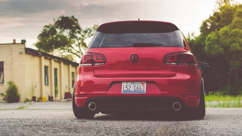 retro styled, sunlight, plant, building exterior, architecture, tree, transportation, motor vehicle, focus on foreground, red, Volkswagen, outdoors, mk6