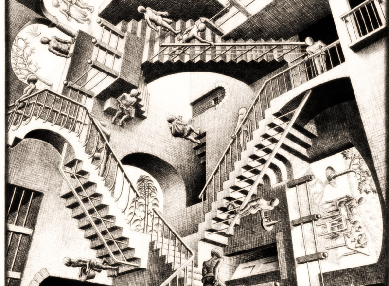 no people, outdoors, the past, house, steps and staircases, staircase, travel destinations, railing, m. c. escher, city, residential district, spiral, photo