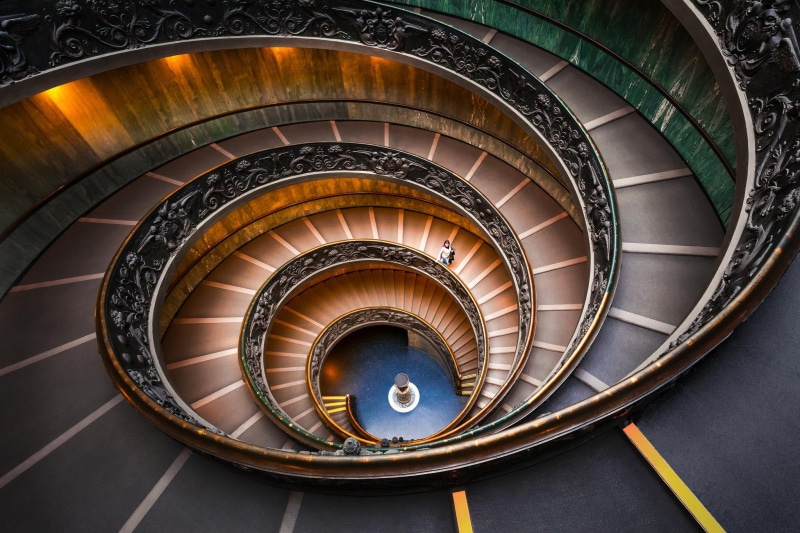 Vatican City, curve, geometric shape, design, built structure, staircase, gold colored, diminishing perspective, ornate, architecture, spiral staircase