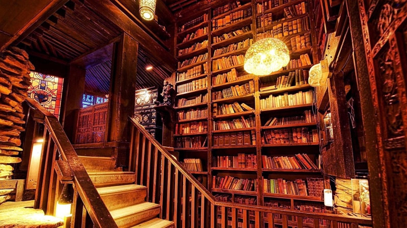 architecture, shelf, electric lamp, public library, education, wood - material, railing, old, lamp, steps and staircases, illuminated, low angle view, no people