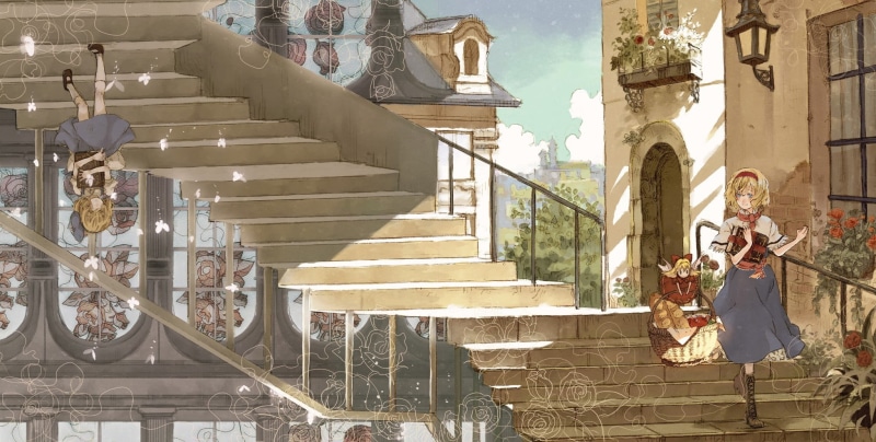 architecture, built structure, lifestyles, stairs, adult, 1080P, one person, nature, women, building, Alice Margatroid, Touhou, clothing, railing, leisure activity
