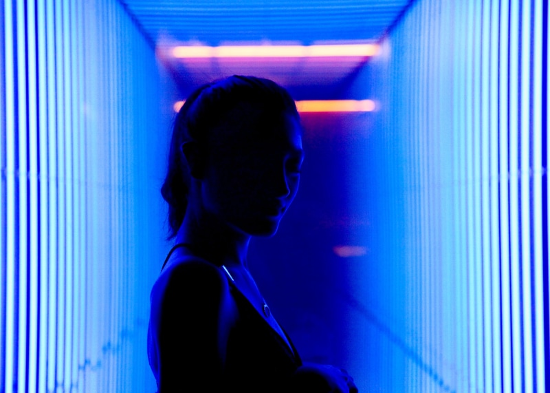beautiful woman, light installation, one person, looking, woman, portrait, illuminated, lights, headshot, neon, adult, standing, room, communication, women
