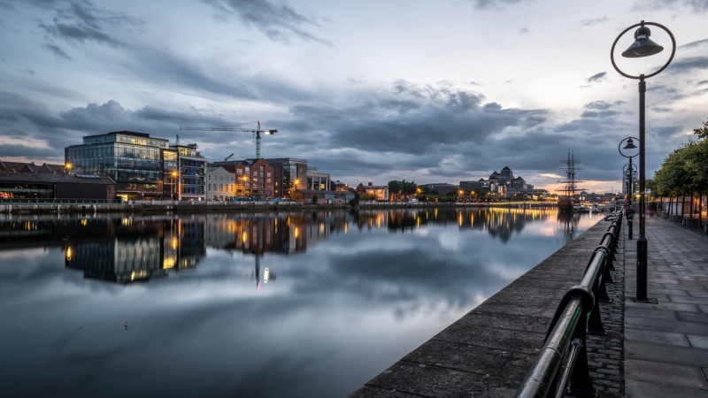 outside, city, outdoors, print, nature, near, buildings, european, architecture, Cityscape, blue sky, ireland, body of water, horizontal, background, view