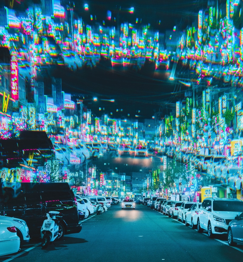 motion, neon, street, experimental, evening, people, glowing, parked, korea, motor vehicle, group of people, lifestyles, road, urban, untitled, 4K, abstract
