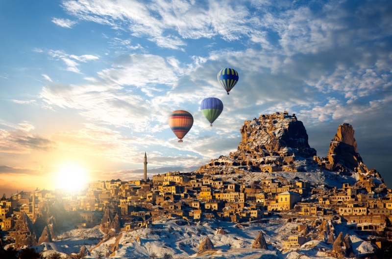 beauty in nature, hot air balloons, no people, sunlight, nature, 720P, sunset, outdoors, Cappadocia, Turkey, cold temperature, flying, balloon, building exterior