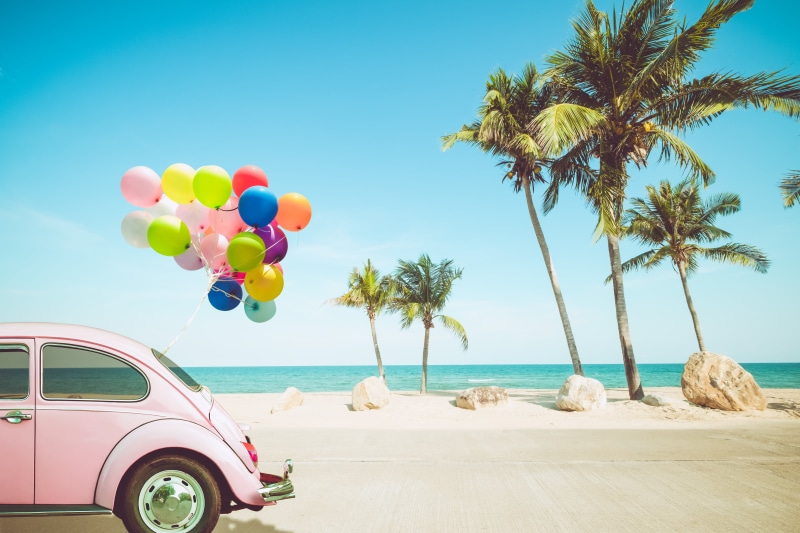 motor vehicle, volkswagen, sunlight, water, pink, paradise, palms, plant, sand, vacation, blue, the sky, land vehicle, stay, colorful, horizon over water