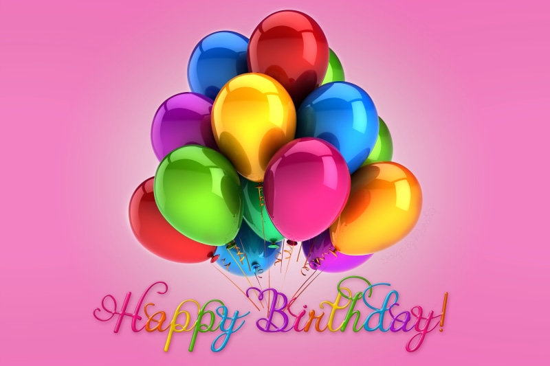 text, pink background, mid-air, purple, Happy Birthday, celebration, variation, congratulating, fun, colored background, backgrounds, anniversary, design