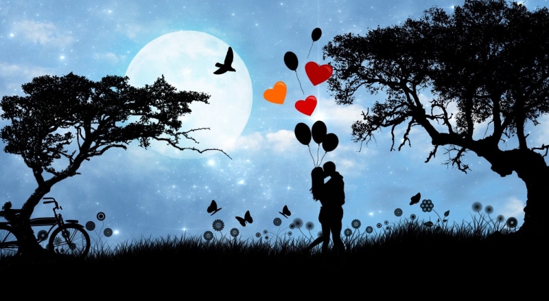 Landscape, cloud - sky, balloon, Moon, Holidays, standing, tree, Valentines Day, man, two people, holding, sky, Moonlight, men, Night, 1080P, Trees, s
