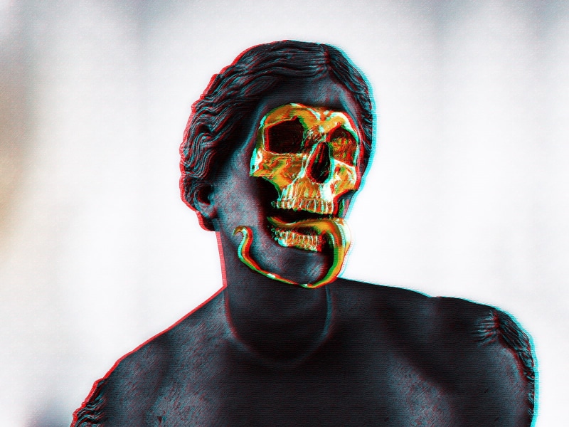 statue, skull, 720P, gold, vaporwave