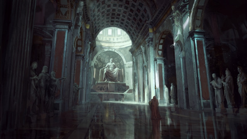 ceiling, building, altar, representation, digital art, belief, built structure, statue, palace, indoors, low angle view, video games, human representation