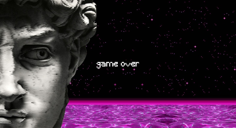 pixel art, vaporwave, water, spaceship, 1080P, statue, GAME OVER