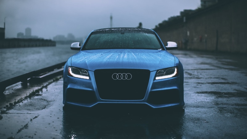 text, coupe, city, Audi RS5, architecture, wet, day, car, focus on foreground, motor vehicle, street, mode of transportation, close-up, no people, land vehicle