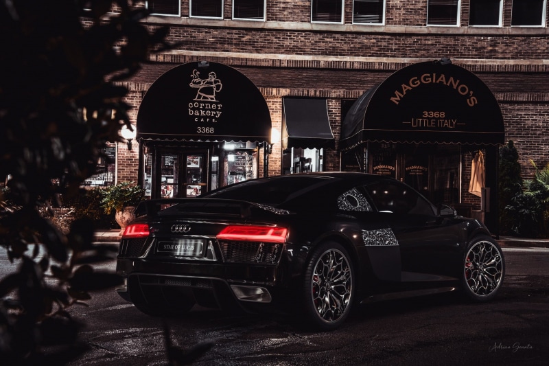 vehicle, Audi, 1080P, black cars, Audi R8, car, city, night