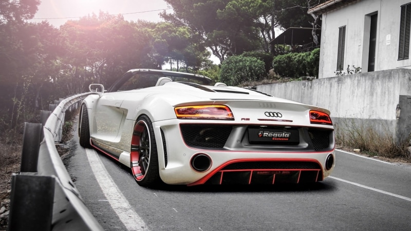 day, motor vehicle, car, Audi R8, street, transportation, tree, city, plant, sunlight, sports, vehicle, land vehicle, building exterior, Audi, architecture